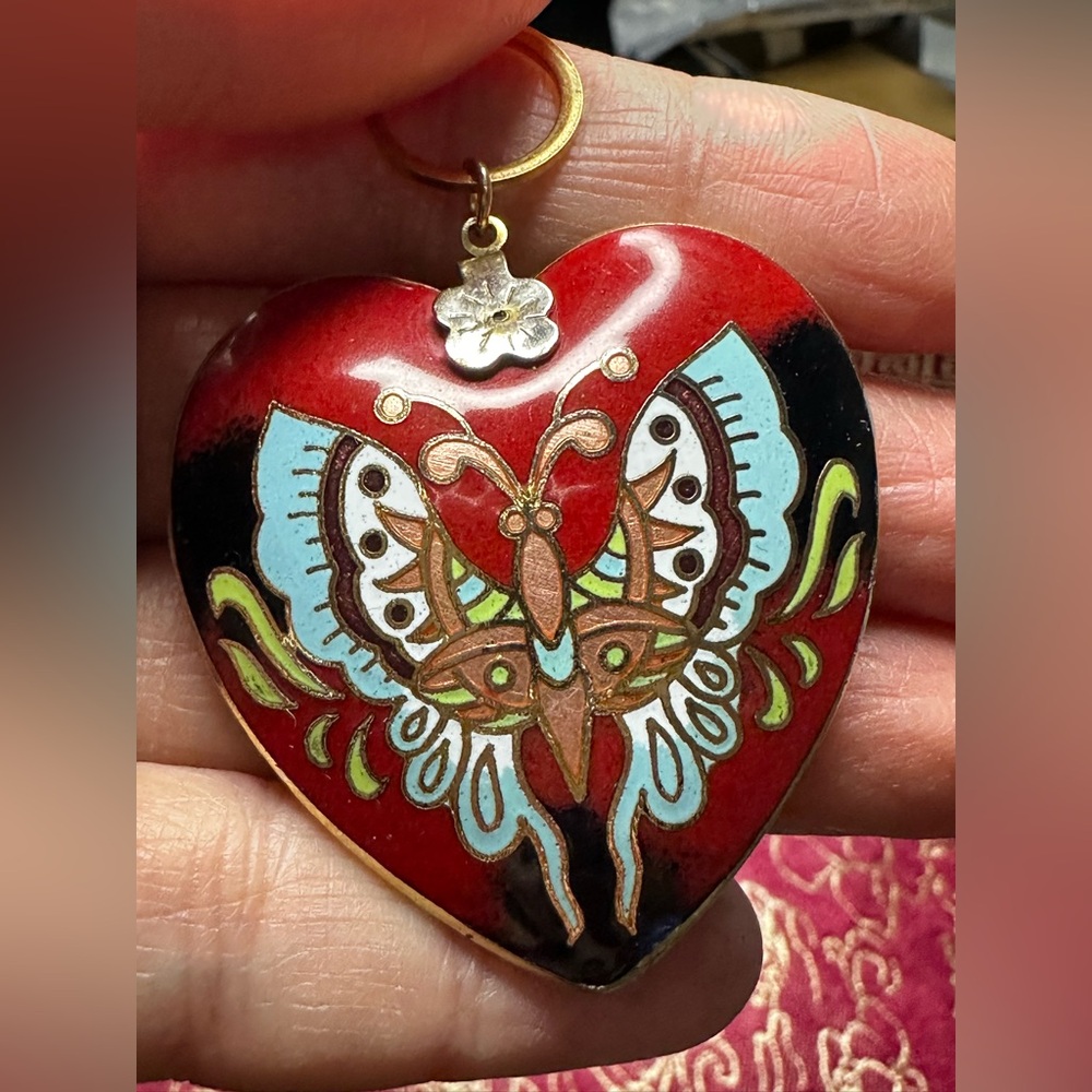 Vintage Big Red Enamel Cloisonné Butterfly Heart Pendant